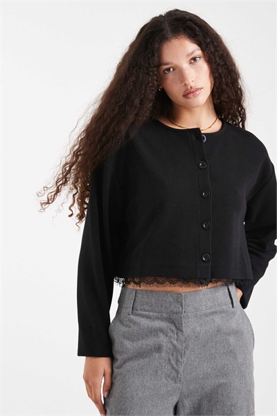 Мягкий кардиган на пуговицах с ребристой отделкой и кружевной окантовкой артикул 152863323