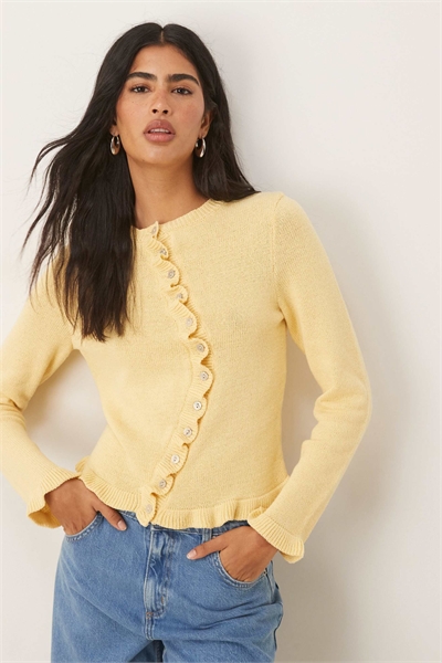 Вязаный кардиган с асимметричной планкой и оборкой по краю артикул 149822428