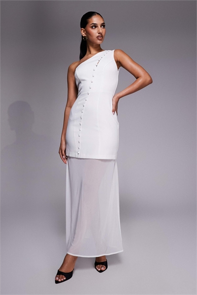 Эксклюзивное макси-платье с одним плечом, застежкой на пуговицы и прозрачным подолом артикул 155053124