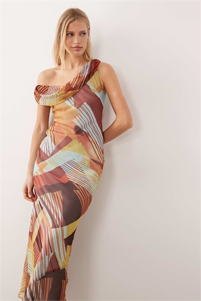 Платье средней длины из шифона с заниженной линией плеча и закрученным силуэтом артикул 152594830