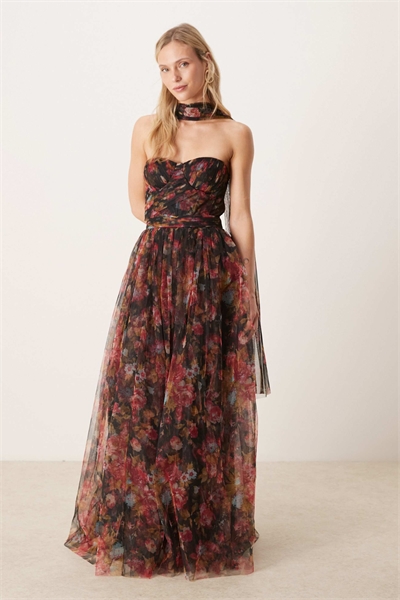 Макси-платье с шарфом на шее и корсетом из тюля артикул 154401412