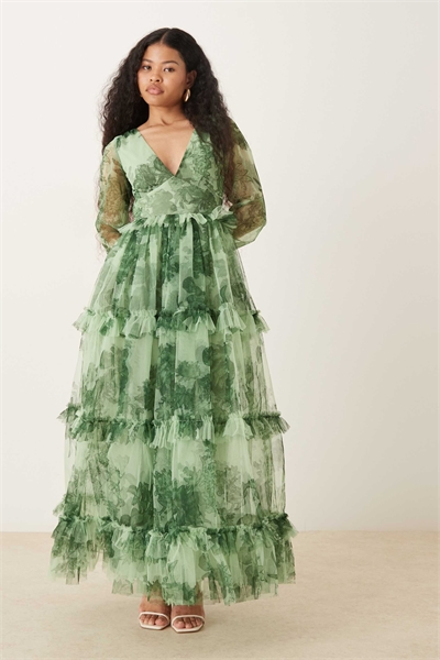 Макси-платье из тюля с глубоким вырезом, прозрачными рукавами и многослойным силуэтом артикул 153787689