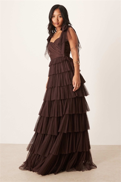 Макси-платье из тюля с воланами и завышенными плечами артикул 151633172