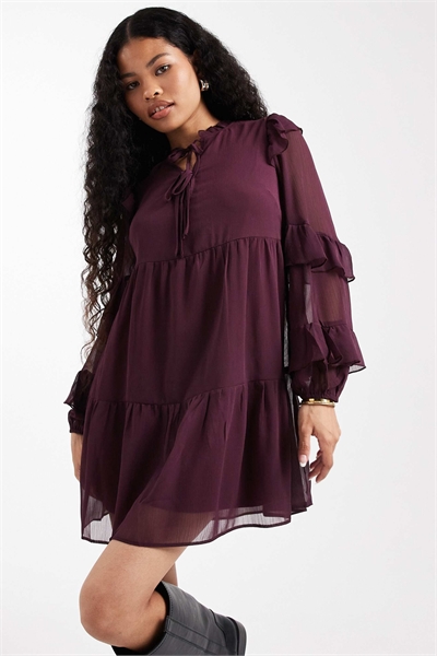 Мини-платье из шифона с оборками и длинными рукавами артикул 151341171