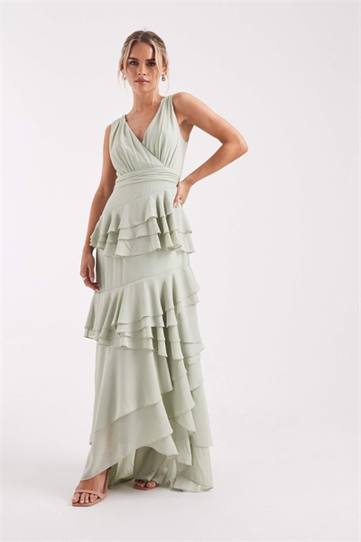 Макси-платье для подружки невесты из шифона с перекрещивающимся вырезом и многоярусными оборками артикул 153113525