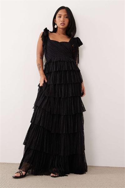 Макси-платье с кружевным бантом на плече и многослойным силуэтом артикул 149760930