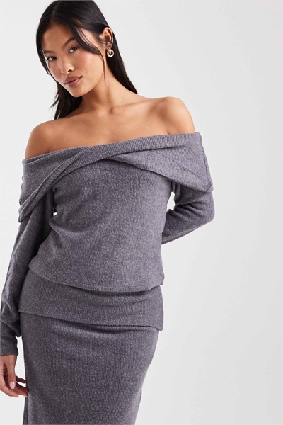 Мягкий топ с открытыми плечами и длинными рукавами, серого меланжевого цвета артикул 150775576