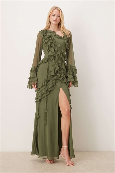 ASOS DESIGN — макси-платье из шифона для высоких девушек с длинными рукавами, асимметричным кроем, многослойной конструкцией и мягкими оборками артикул 148661004