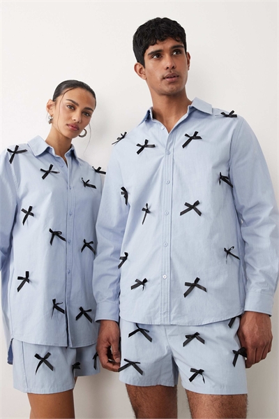 Унисекс-комплект из рубашки с бантиком из чистого хлопка и брюк в синюю полоску артикул 155587878