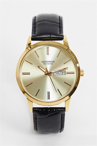 Мужские аналоговые часы Jackson диаметром 40 мм с круглым корпусом из золотого сплава, черным кожаным ремешком и золотым циферблатом артикул 1857188