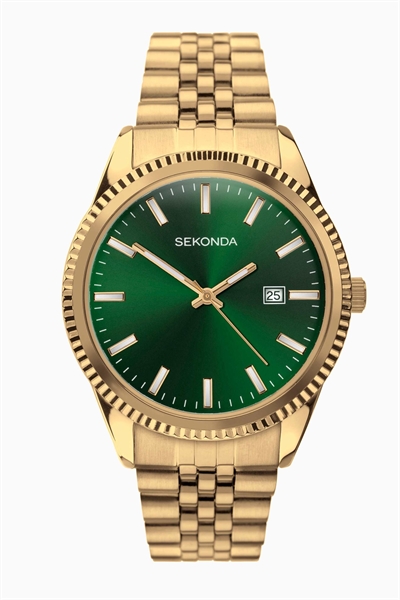 Мужские аналоговые часы King диаметром 40 мм с круглым корпусом из золотого сплава, браслетом из нержавеющей стали золотистого цвета и зеленым циферблатом артикул 133898814