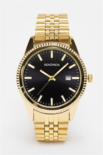 Мужские аналоговые часы King диаметром 40 мм с круглым корпусом из золотого сплава, браслетом из нержавеющей стали золотистого цвета и черным циферблатом артикул 119875924