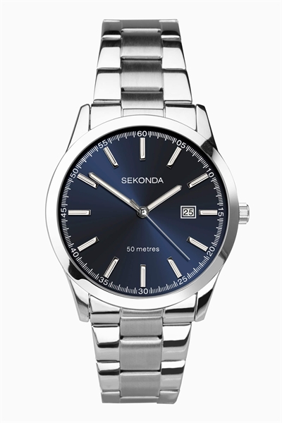 Мужские аналоговые часы Taylor диаметром 41 мм с круглым корпусом из серебряного сплава, браслетом из нержавеющей стали серебристого цвета и синим циферблатом артикул 133898655