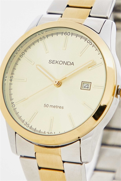 Мужские аналоговые часы Taylor диаметром 41 мм с круглым корпусом из двухцветного сплава, двухцветным браслетом из нержавеющей стали и золотистым циферблатом артикул 116056263