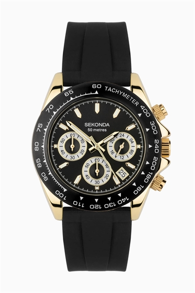 Мужские аналоговые часы Circuit диаметром 39 мм с золотым корпусом, силиконовым ремешком и черным циферблатом артикул 136909486