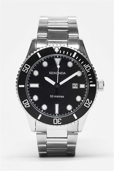 Мужские аналоговые часы Ocean диаметром 43 мм с круглым корпусом из серебряного сплава, браслетом из нержавеющей стали серебристого цвета и черным циферблатом артикул 119875934