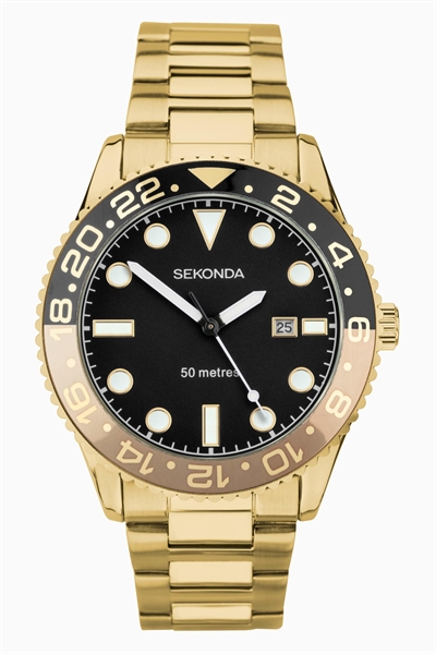 Мужские аналоговые часы Ocean диаметром 43 мм с золотым корпусом и браслетом из нержавеющей стали с черным циферблатом артикул 139596823