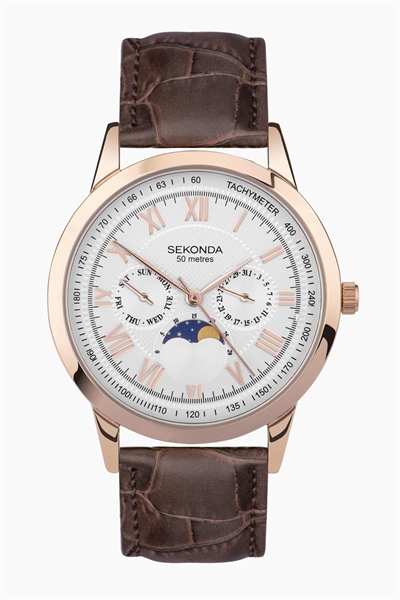 Мужские часы Armstrong с индикатором фаз Луны, диаметром 40 мм, корпусом из розово-золотого сплава, коричневым кожаным ремешком и серебристым циферблатом артикул 139596538
