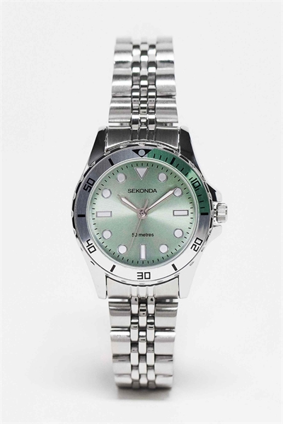 Женские аналоговые часы Balearic диаметром 33 мм с круглым корпусом из серебряного сплава, браслетом из нержавеющей стали серебристого цвета и светло-зеленым циферблатом артикул 128268658