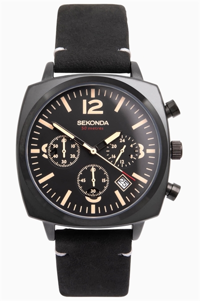 Мужские часы Airborne с хронографом, диаметром 40 мм, в корпусе из черного сплава, с черным кожаным ремешком и черным циферблатом артикул 135197109