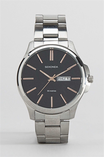 Мужские аналоговые часы Jones диаметром 41 мм с круглым корпусом из серебристой нержавеющей стали, браслетом из серебристой нержавеющей стали и черным циферблатом артикул 925875