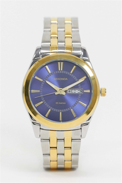 Мужские аналоговые часы Riley диаметром 38 мм с круглым корпусом из двухцветного сплава, двухцветным браслетом из нержавеющей стали и синим циферблатом артикул 1644636