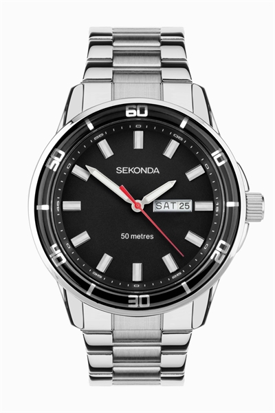 Мужские аналоговые часы Midnight диаметром 44 мм с серебристым корпусом и браслетом из нержавеющей стали с черным циферблатом артикул 136909440