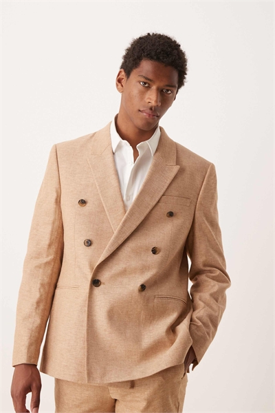 Двубортный пиджак классического кроя из смесовой ткани с добавлением льна артикул 140702469