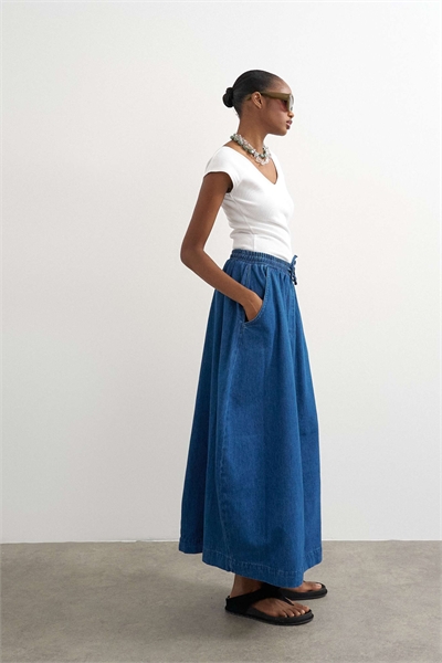 Джинсовая юбка-бочонок на резинке артикул 155722779