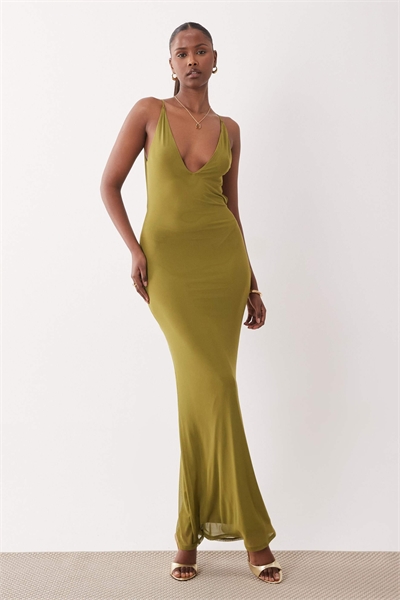 Макси-платье с глубоким вырезом и сетчатой отделкой артикул 156132460