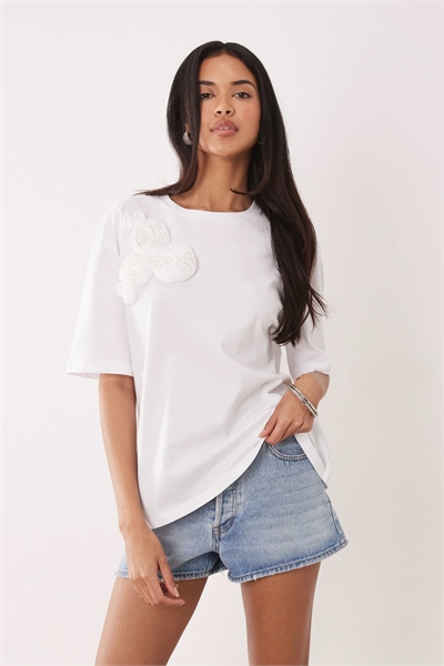 Топ свободного кроя с короткими рукавами и декоративным элементом в виде корсажа артикул 155967488