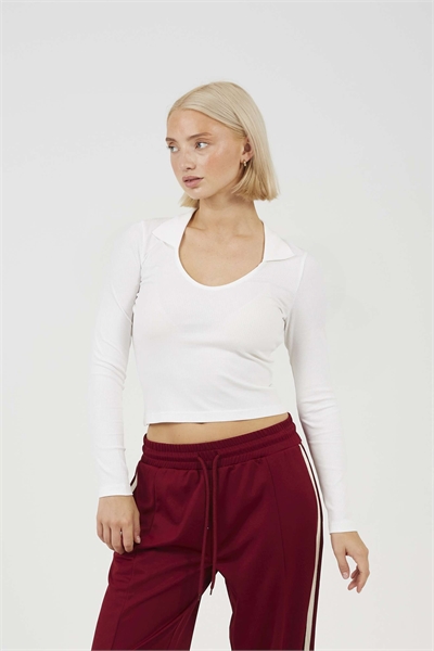 Топ с ребристой отделкой, V-образным вырезом и воротником артикул 156412319