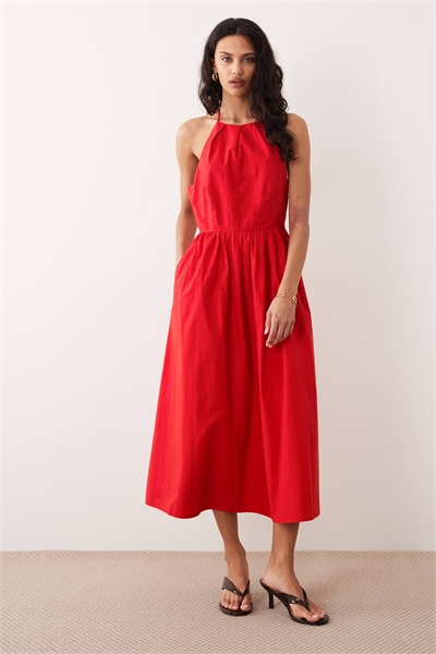 Янтарное платье-миди с завязками на шее красного цвета артикул 153883323