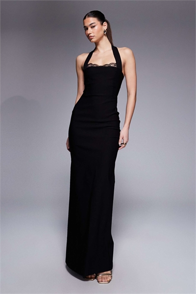 Макси-платье из бенгалина с завязками за шеей, круглой горловиной и кружевной отделкой артикул 154674999