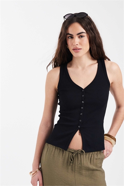 Топ с V-образным вырезом, ребристой отделкой и застежкой на пуговицы артикул 155388059