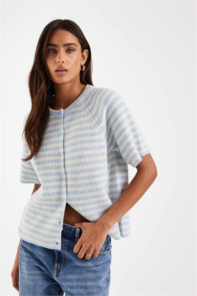 Вязаный кардиган с короткими рукавами в бежевую полоску артикул 154694196