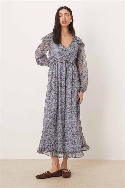 Длинное платье-миди с длинными рукавами и мелким принтом, сине-коричневого цвета артикул 153720170
