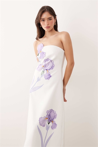 Мини-платье с квадратным вырезом и цветочным аппликацией белого и лилового цветов артикул 153577370