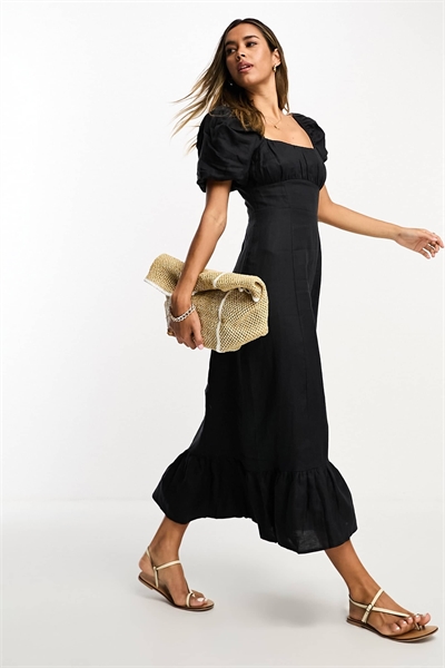 Льняное платье средней длины с буфчатыми рукавами и разрезом артикул 130582310