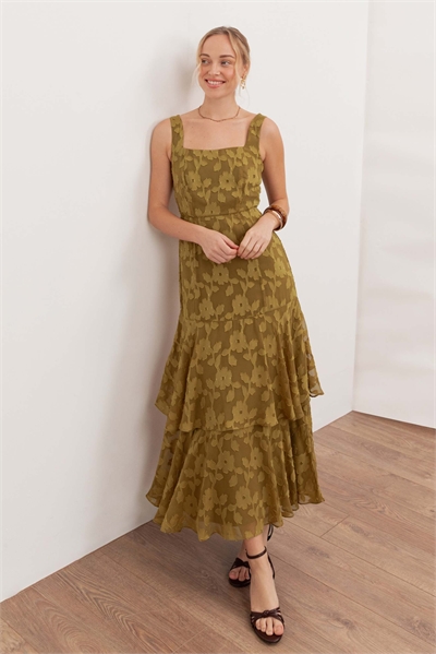 Платье средней длины с квадратным вырезом, многослойным кроем и цветочным узором в технике «берн-аут» артикул 154610550