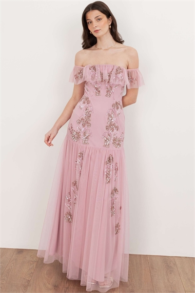 Макси-платье с открытыми плечами и декоративными элементами артикул 156298372