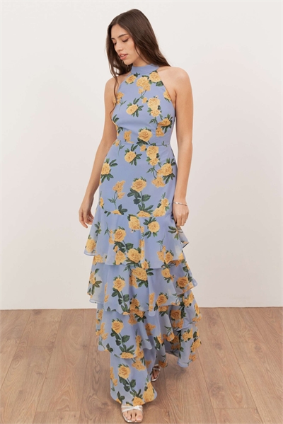 Макси-платье с цветочным принтом, открытой спиной и многослойным силуэтом артикул 155018008