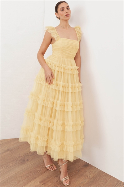 Платье средней длины с квадратным вырезом, рукавами-крылышками и оборками артикул 155005952