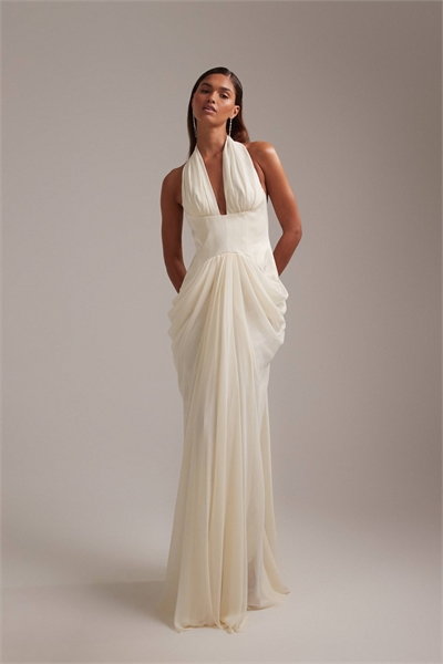 Свадебное платье макси с глубоким вырезом, завязкой на талии и шлейфом артикул 152426723
