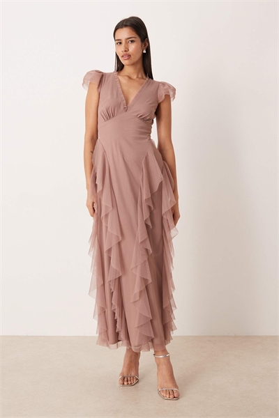 Макси-платье с V-образным вырезом и оборками для подружки невесты артикул 152319611