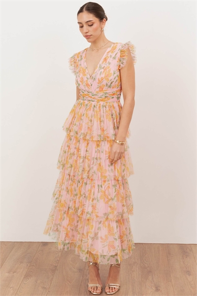 Платье средней длины с V-образным вырезом и многослойным кроем в цветочный принт артикул 155017773