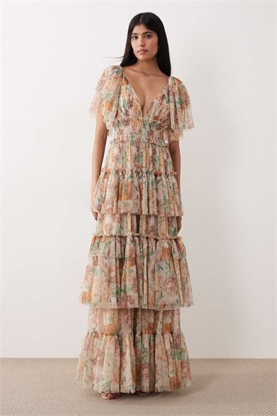 Макси-платье с тюлевыми рукавами-крылышками и многослойным силуэтом артикул 152319615