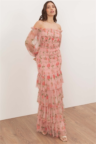 Макси-платье с длинными рукавами и открытыми плечами в цветочный принт артикул 155427863