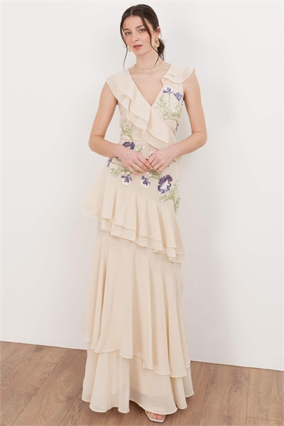 Макси-платье с асимметричными оборками артикул 156298475