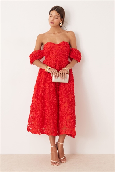 Платье-миди Bardot с сборчатыми рукавами красного цвета артикул 149561213